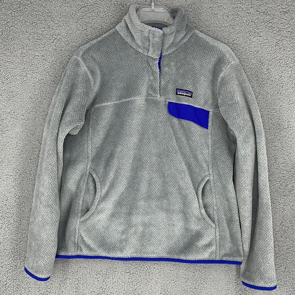 Patagonia gray & blue lined women’s fleece jacket pullover large kangaroo pocket - Picture 1 of 9